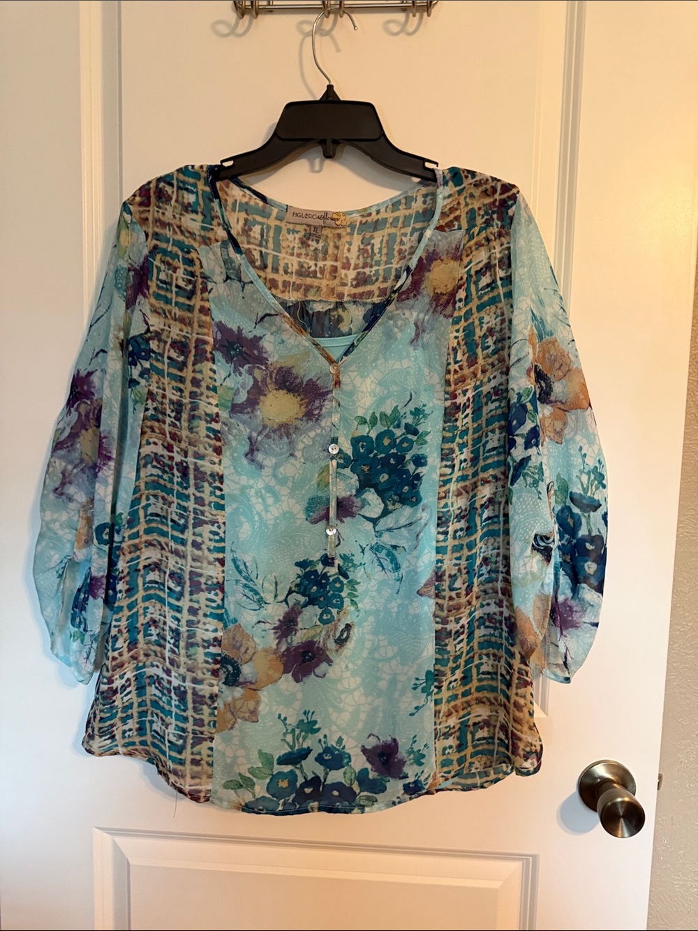 Lightweight Aqua Floral V-Neck Blouse with Button Placket